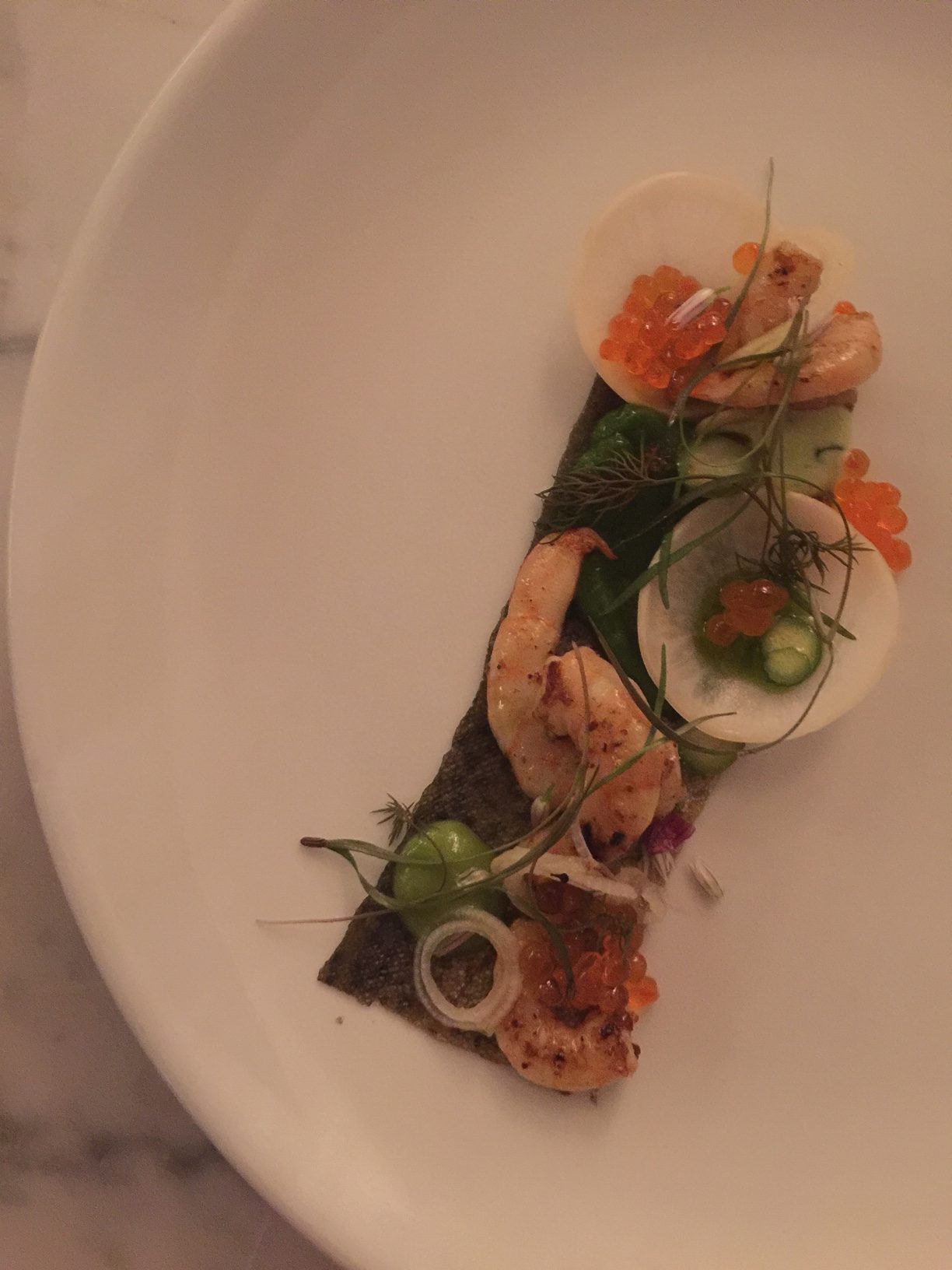 Shrimp, Trout Skin and Roe at The Finch Restaurant by Mad Hungry