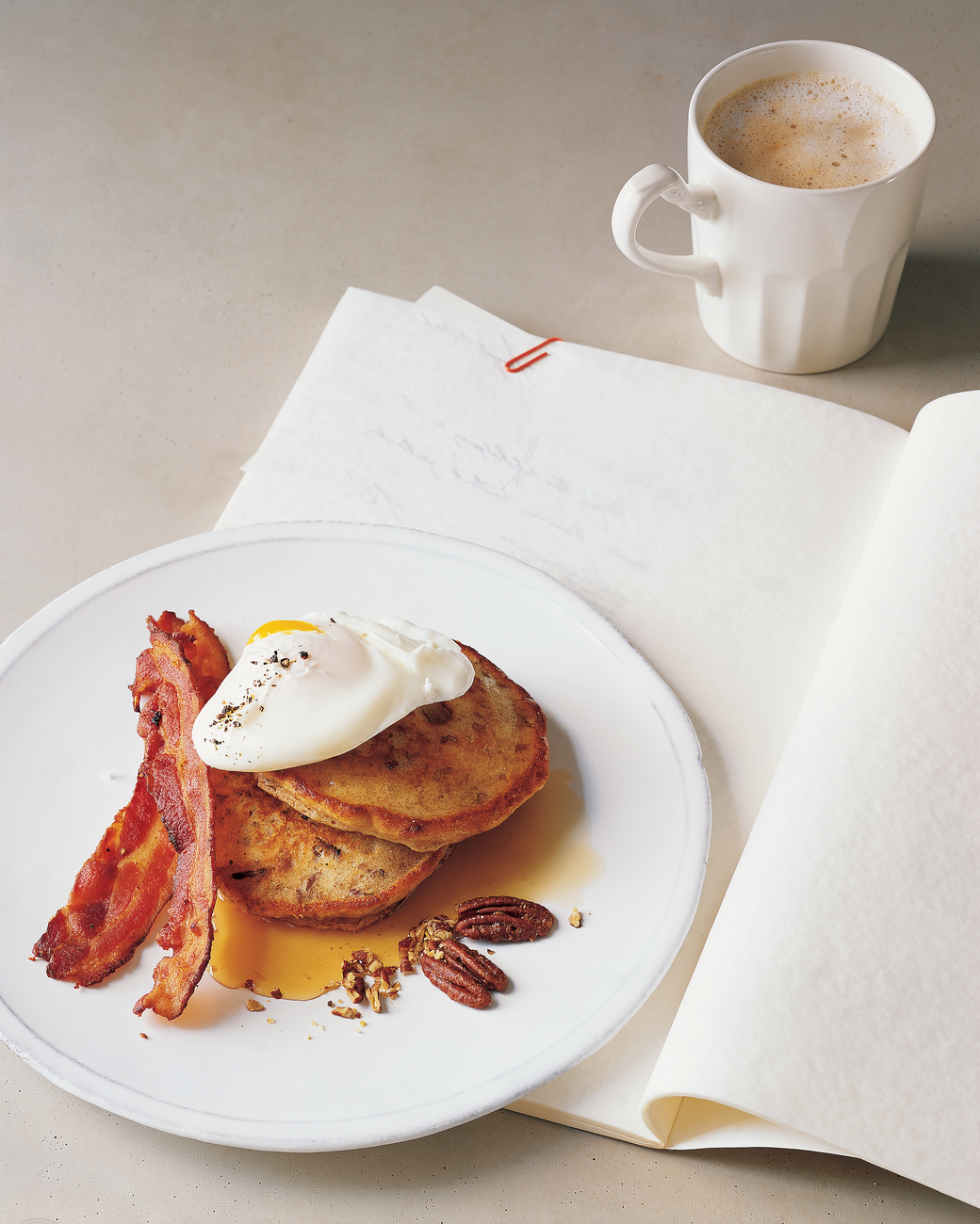 Mad Hungry Recipe: Poached Eggs with Bacon and Toasted Pecan Pancakes