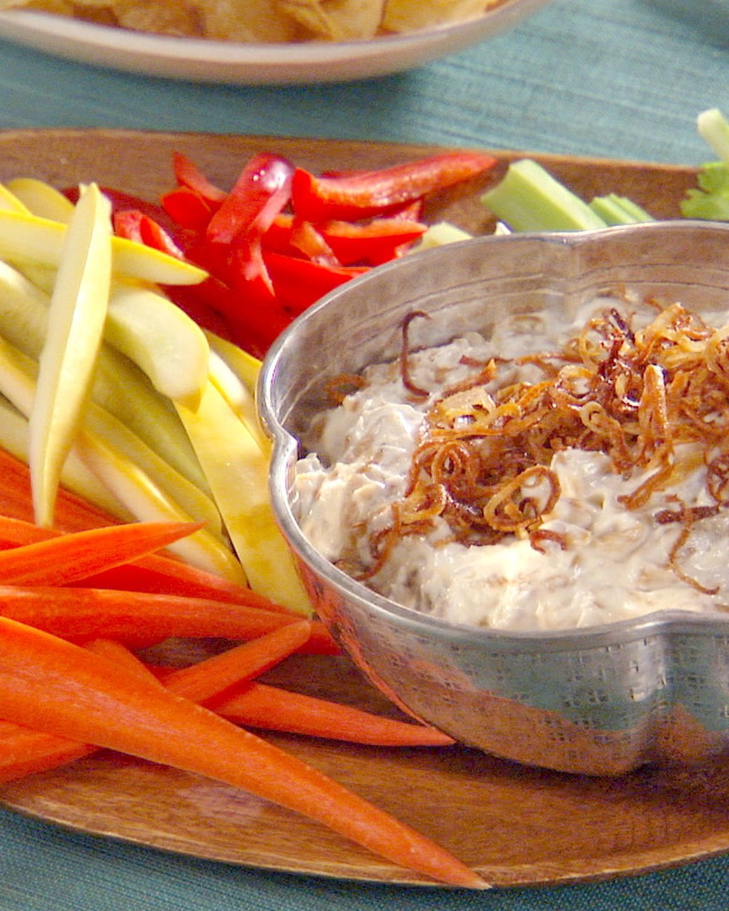 Mad Hungry Recipe: Caramelized Onion and Bacon Dip with Potato Chips and Crudite